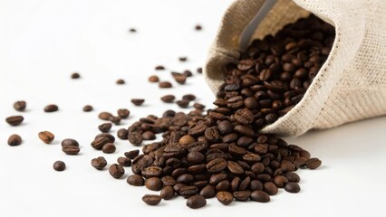 Obraz premium Spilled coffee beans from a burlap sack on a white surface.