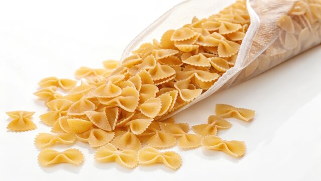 Pasta spilling from a mesh bag on a white background - Powered by Adobe