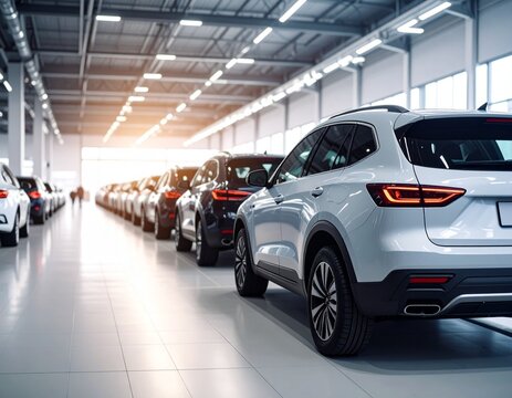 Back view many modern new SUV cars fleet stock at dealership parking lot. Automobile