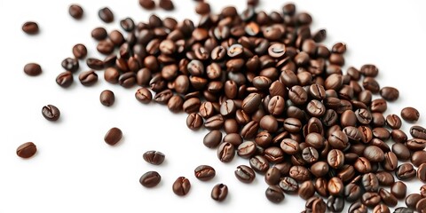 Dark roasted coffee beans scattered on pristine white surface,  morning,  photography