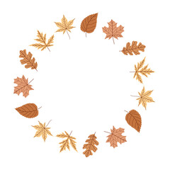 Autumn Leaf Wreath with Maple, Oak and Birch Hand Drawn Fall Circle Frame for Seasonal Decor and Cards