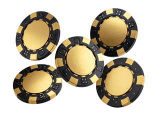 Black and gold casino chips falling from above on transparent background