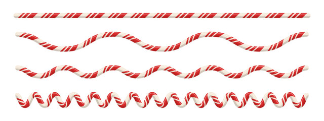Candy cane border with red and white striped pattern. Includes realistic spiral lollipop line for holiday card or banner design. Seamless sweet ornament for winter decoration. Vector illustration.