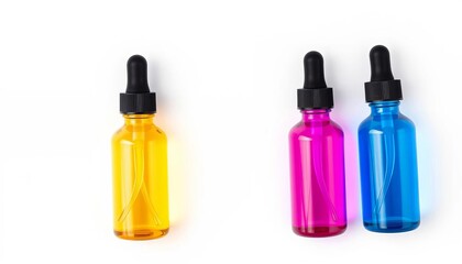 Four vibrant cosmetic dropper bottles on white background,  bottle,   product photography