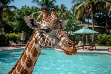 Obraz premium Giraffe relaxing by the pool in sunglasses
