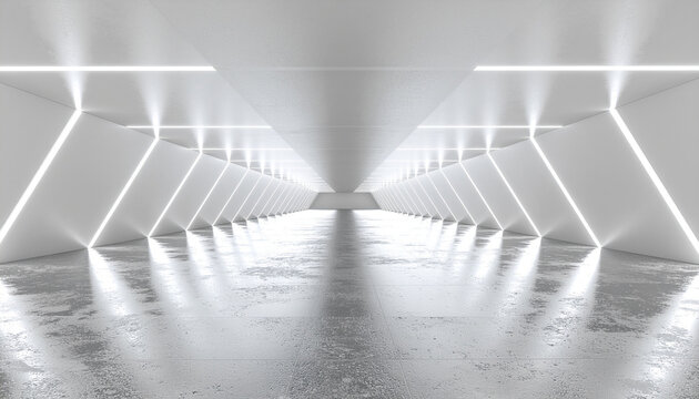 Long hallway front view with bright light.