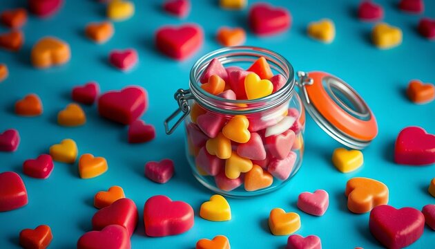 Jar of vibrant heart candies, blue background, heart shaped candy, romantic