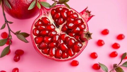 Juicy pomegranate, vibrant red seeds against a soft pink backdrop, closeup, healthy eating