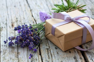 Lavender and gift box on a old wooden background