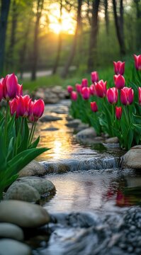 Pink tulips line a babbling brook at sunset