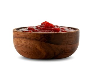 tomato sauce in wooden bowl isolated on white background