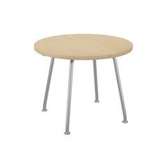 A small round table with a natural wood top and metal legs ideal for compact spaces such as kitchen nooks or cafes