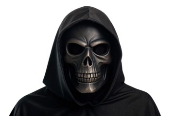 Grim reaper skull mask hooded figure isolated on transparent background