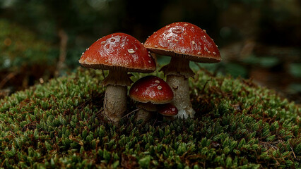 Fototapeta premium Glazed mushrooms amidst enchanted forest moss carpet