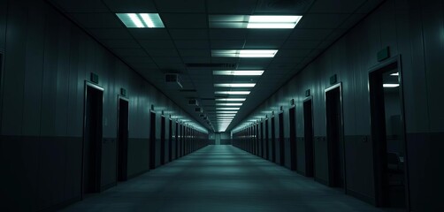 Long, dark corridor in abandoned office building; flickering fluorescent lights illuminate empty cubicles, bleak, empty