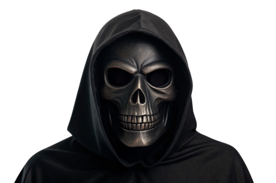 Grim reaper skull mask hooded figure isolated on transparent background