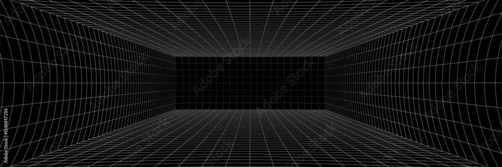Poster 3d grid room background for digital game or space. black box meets future with abstract wireframe te