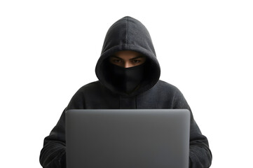 Faceless hacker in black hoodie using laptop isolated on transparent background, ideal for cybersecurity, hacking, cybercrime, or online security concepts

