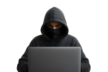 Faceless hacker in black hoodie using laptop isolated on transparent background, ideal for cybersecurity, hacking, cybercrime, or online security concepts
