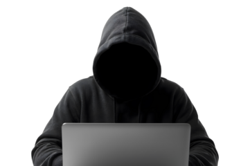Faceless Hacker with Laptop – Isolated PNG for Cybersecurity and Hacking Designs