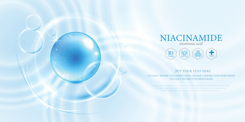 Blue glowing niacinamide molecule with chemical structure and Vitamin B3 label, perfect for skincare, cosmetic, facial treatment, beauty advertising, and anti-aging product background.