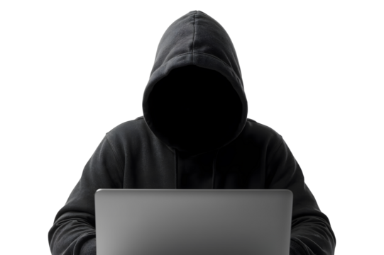 Faceless Hacker with Laptop – Isolated PNG for Cybersecurity and Hacking Designs

