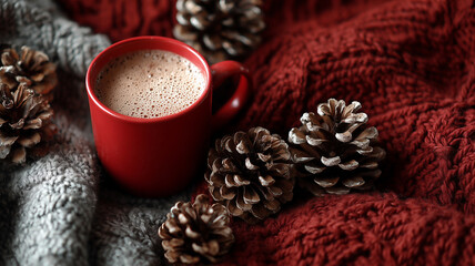 Seasonal hot drink with red cup pinecones