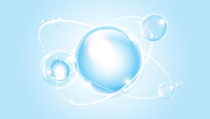 Realistic transparent soap bubbles with light reflections on a soft blue background. Perfect for skincare, cleaning, cosmetic, or freshness concepts in advertising and design.