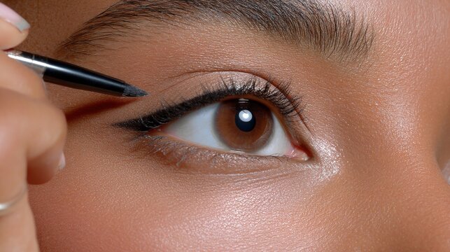 Close-up of african female adult applying eyeliner makeup to eye