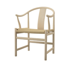 A wooden chair featuring a curved backrest and a woven seat, ideal for both modern and rustic...