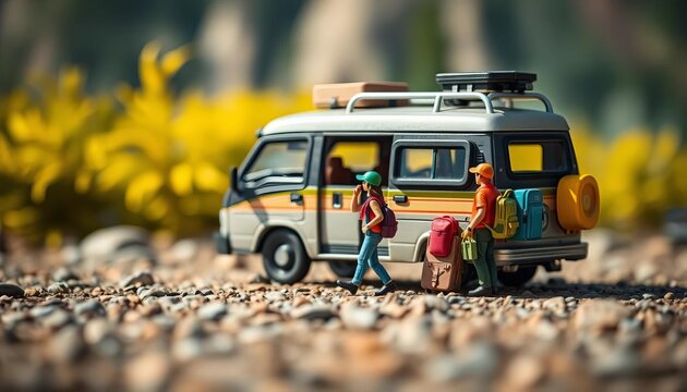 Miniature travelers with backpacks beside toy van, travel photography, adventure photography