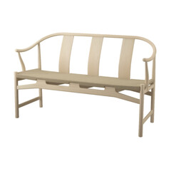 A modern wooden bench featuring a curved backrest and natural woven seat. Ideal for contemporary or...