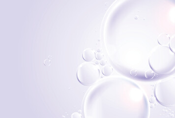 Realistic transparent soap bubbles with light reflections on a soft purple background. Perfect for skincare, cleaning, cosmetic, or freshness concepts in advertising and design.