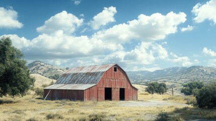 Obraz premium A rural landscape with a weathered red barn, set against rolling green hills and a bright blue sky, with fluffy clouds drifting overhead.