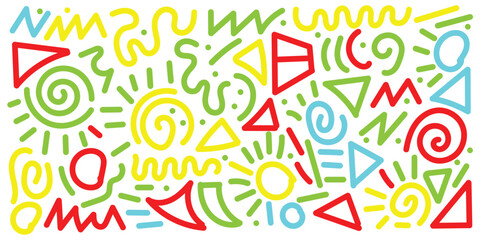 Fun colorful line doodle seamless pattern. Creative minimalist style art background for children or trendy design with basic shapes. Simple childish scribble backdrop. Vector stock background in eps10