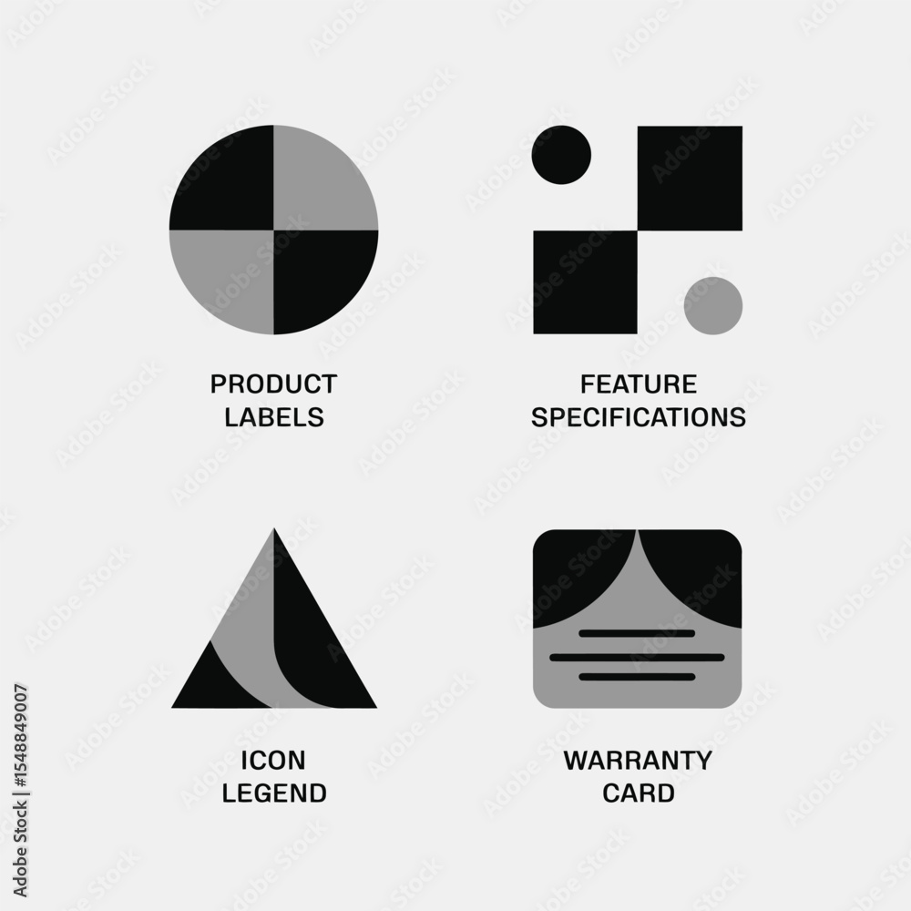 Poster four grayscale geometric icons representing product labels feature specifications icon legend and wa