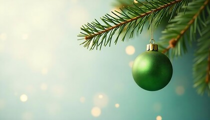 Festive Green Christmas Ornament Hanging on a Pine Branch with Soft Bokeh Lights Background