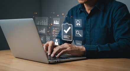 a person using a laptop, with colorful floating social media icons (like hearts, messages, notifications, and user avatars) around the screen — visually representing digital interaction or online enga