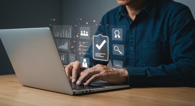 a person using a laptop, with colorful floating social media icons (like hearts, messages, notifications, and user avatars) around the screen — visually representing digital interaction or online enga