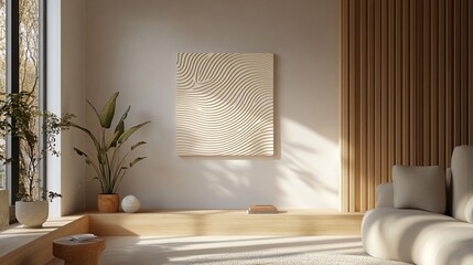 Minimalist interior with geometric art, plants, and natural light streams from a large window