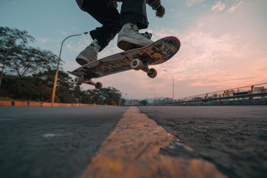 A skater in grey shoes is performing a trick at a skate park on a sunny day.