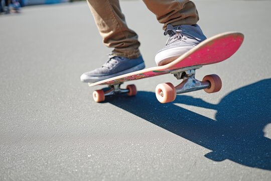 A skater in grey shoes is performing a trick at a skate park on a sunny day.