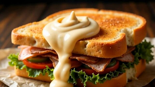 A delicious sandwich featuring layers of deli meat, fresh lettuce, and tomato, topped with a generous drizzle of mayonnaise between toasted bread.