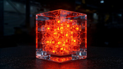 Glowing cube surrounded by warm abstract light