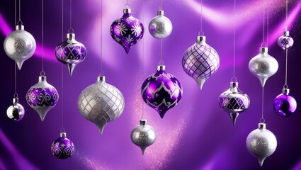 Elegant silver and purple holiday ornaments glowing against a twinkling purple scene.