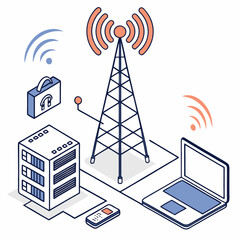 Isometric Digital Networking Illustration Depicting Wireless Communication and Connectivity Between Devices, Including a Laptop, Phone, and Server Tower With a Radio Tower