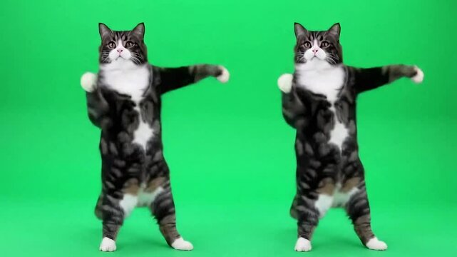 Two Cats Dancing on Green Screen - Two adorable tabby cats with white chests stand on their hind legs, mimicking a dance.