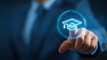 Businessman touching a virtual screen with a graduation hat icon, representing the concept of online education and e-learning technology