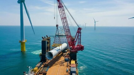 Offshore Wind Turbine Installation - A large crane ship lifts a wind turbine tower section at a wind farm installation site. - Powered by Adobe