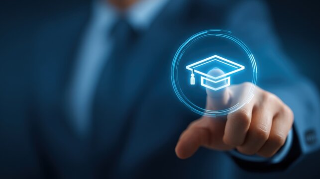 Businessman touching a virtual screen with a graduation hat icon, representing the concept of online education and e-learning technology